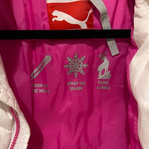 Puma White Down Puffer Jacket Sz S • Hot Pink Lining & Zipper • Short #560893 - Picture 6 of 7